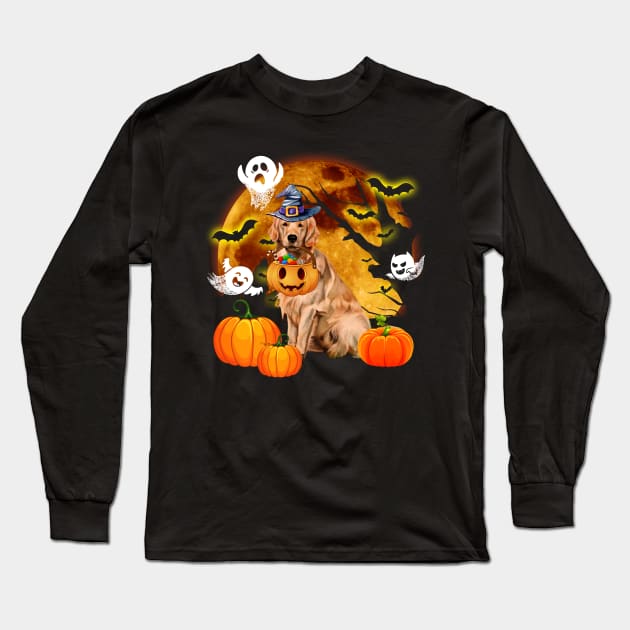 Golden Retriever Witch Pumpkin Ghost Halloween Costume Long Sleeve T-Shirt by Margaretsantana